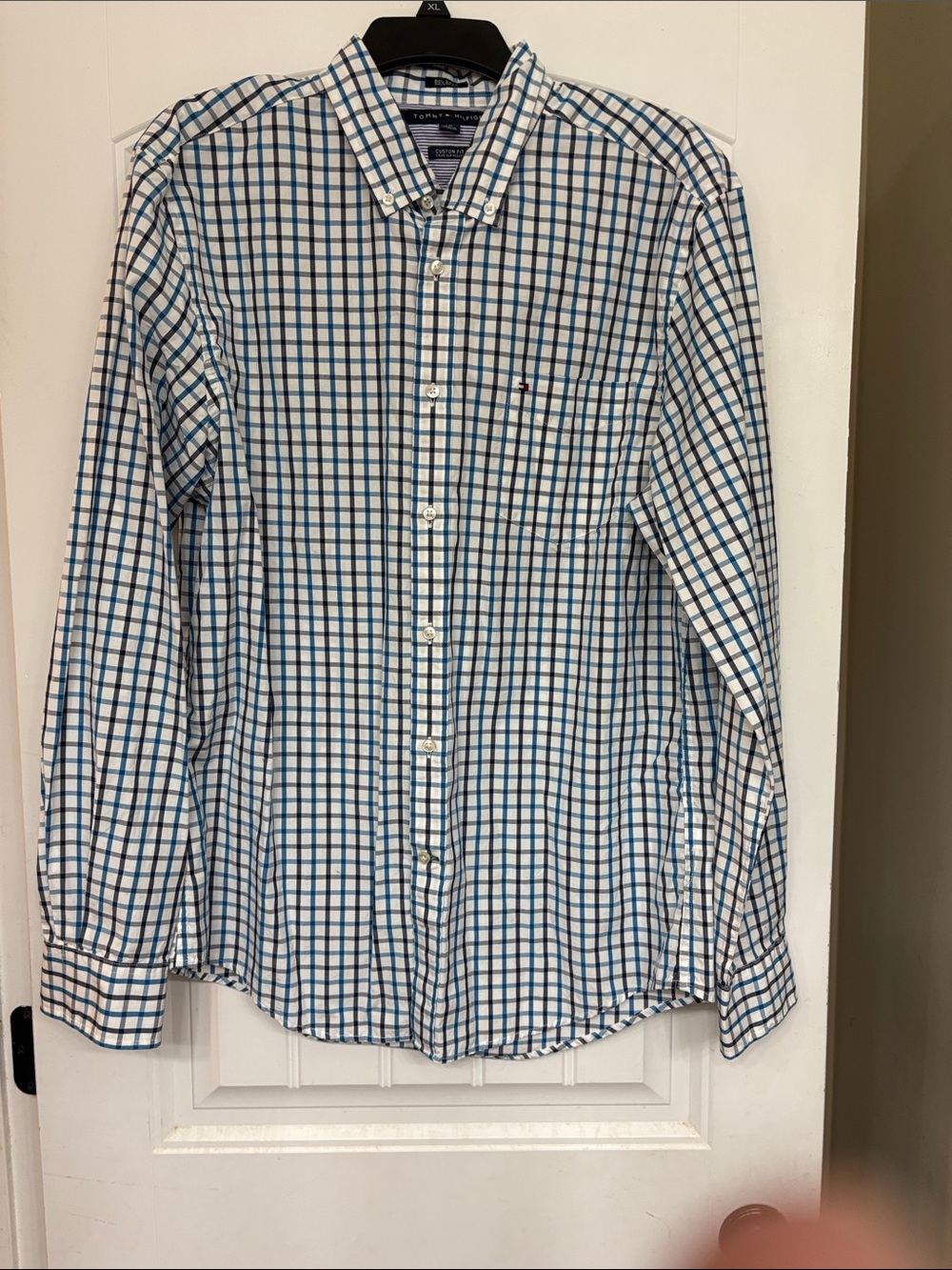 Tommy Hilfiger Blue and White Plaid Button-Down Shirt. Men’s size Large